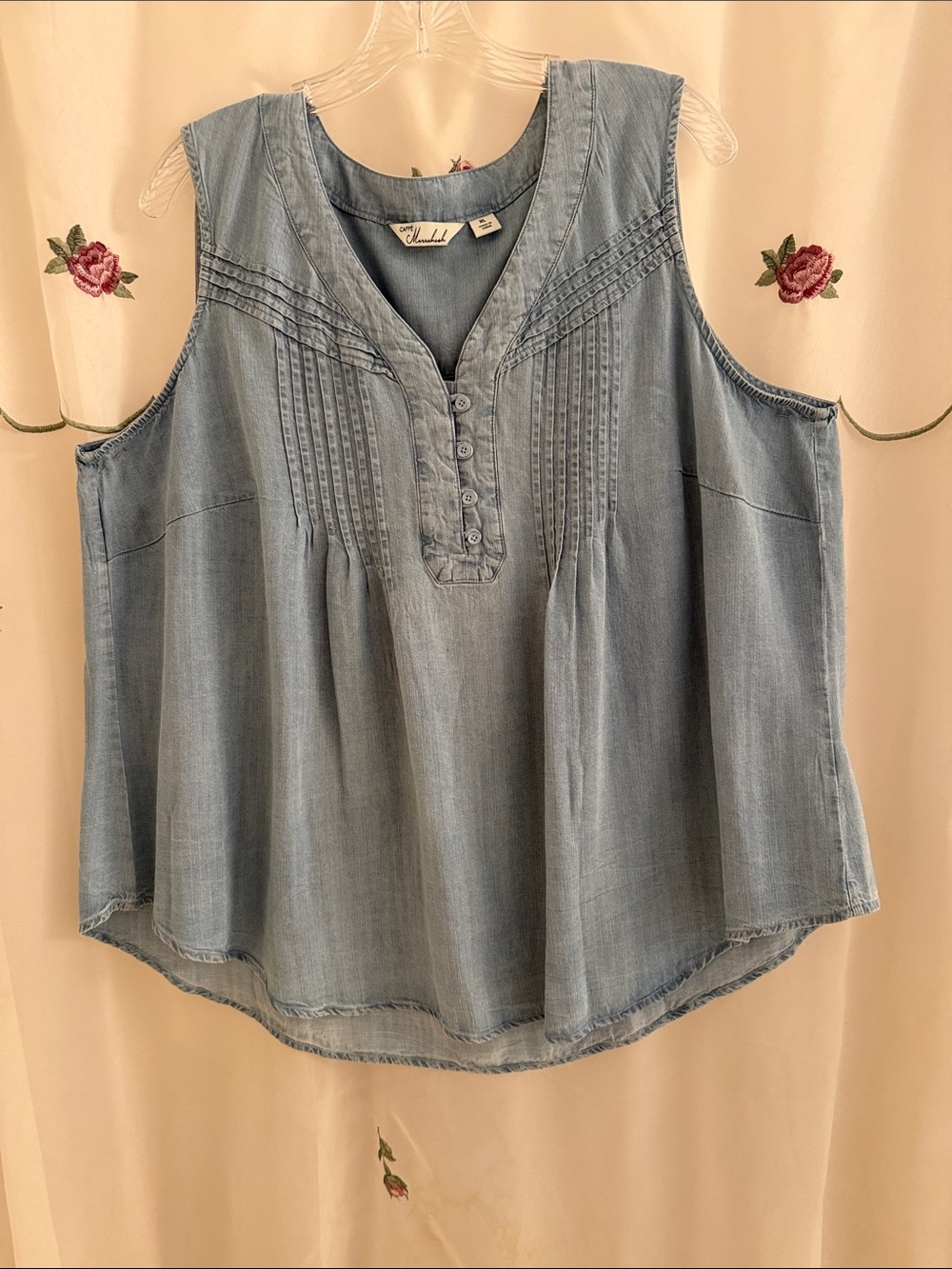 Light Blue, Light-Weight Denim, Pintuck Paneling Sleeveless Top